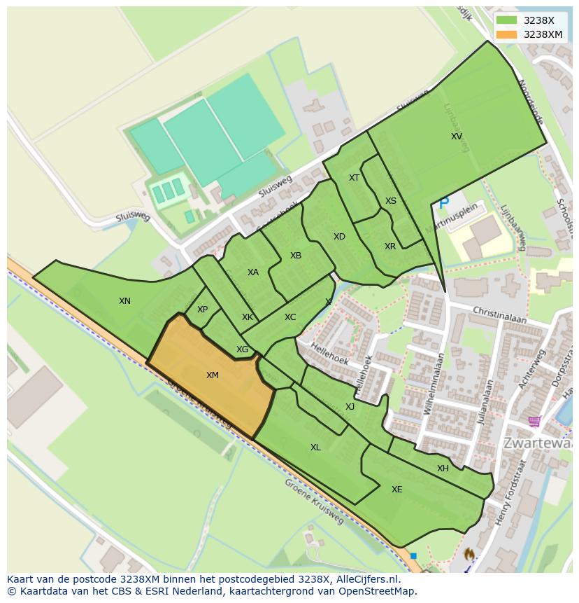 Afbeelding van het postcodegebied 3238 XM op de kaart.