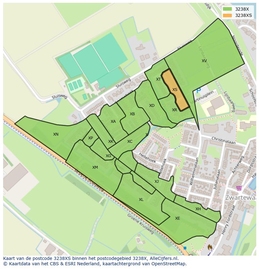 Afbeelding van het postcodegebied 3238 XS op de kaart.