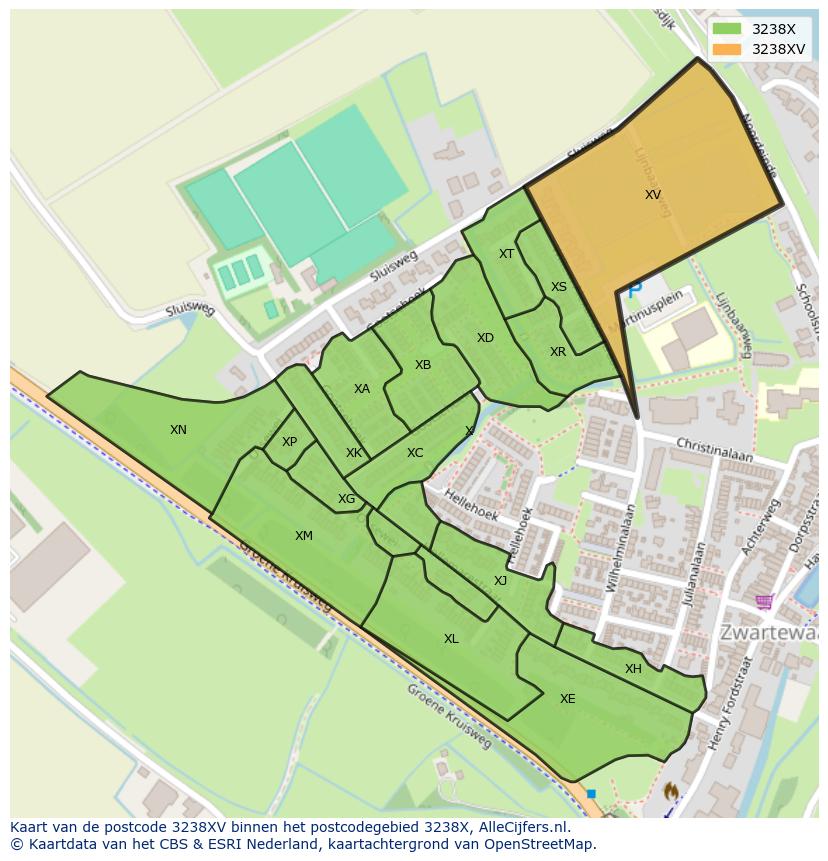 Afbeelding van het postcodegebied 3238 XV op de kaart.