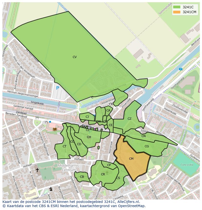 Afbeelding van het postcodegebied 3241 CM op de kaart.