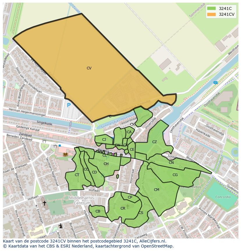 Afbeelding van het postcodegebied 3241 CV op de kaart.