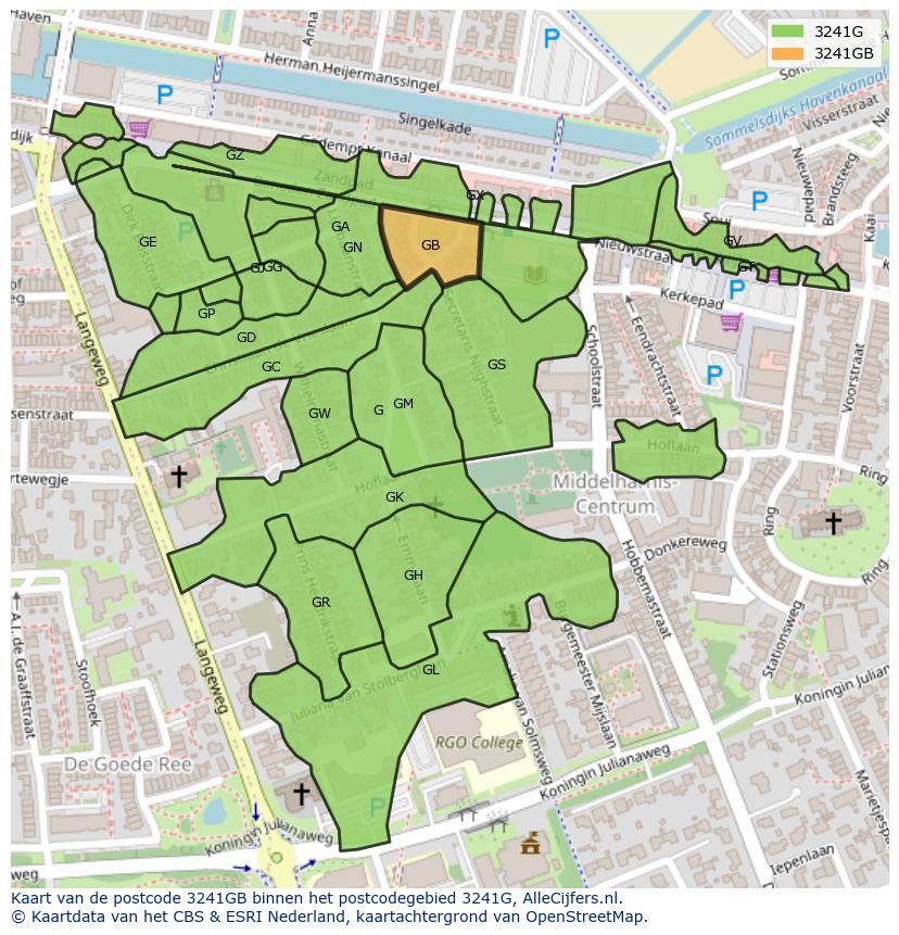 Afbeelding van het postcodegebied 3241 GB op de kaart.