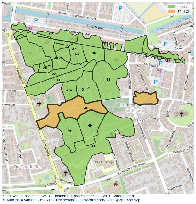 Afbeelding van het postcodegebied 3241 GK op de kaart.