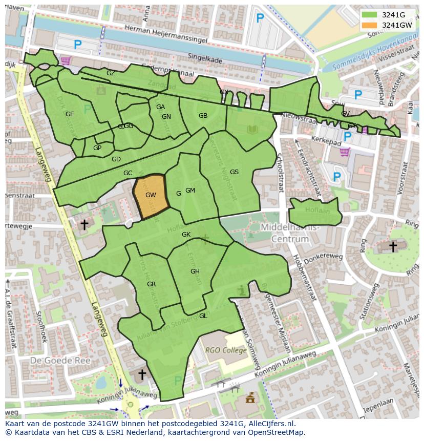 Afbeelding van het postcodegebied 3241 GW op de kaart.