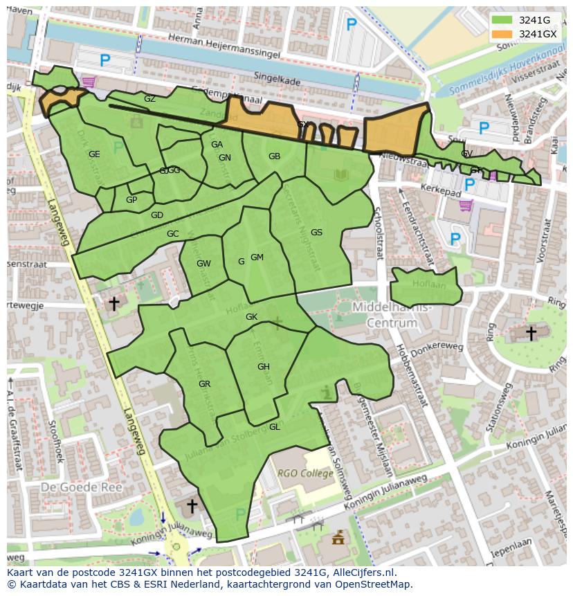 Afbeelding van het postcodegebied 3241 GX op de kaart.