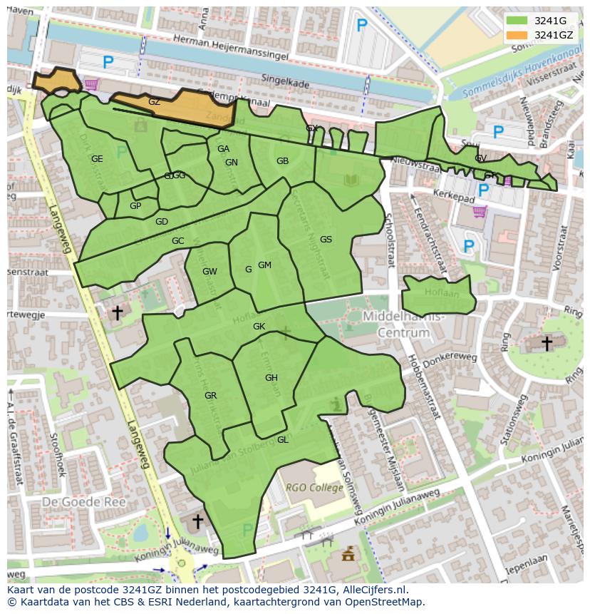 Afbeelding van het postcodegebied 3241 GZ op de kaart.