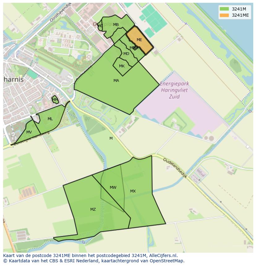 Afbeelding van het postcodegebied 3241 ME op de kaart.