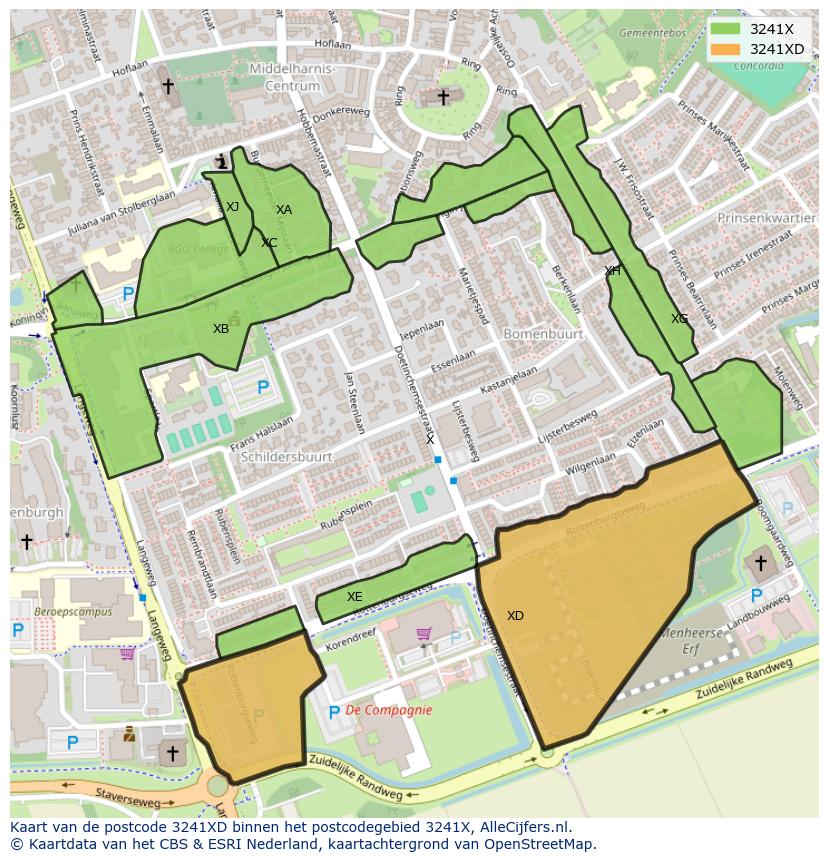 Afbeelding van het postcodegebied 3241 XD op de kaart.