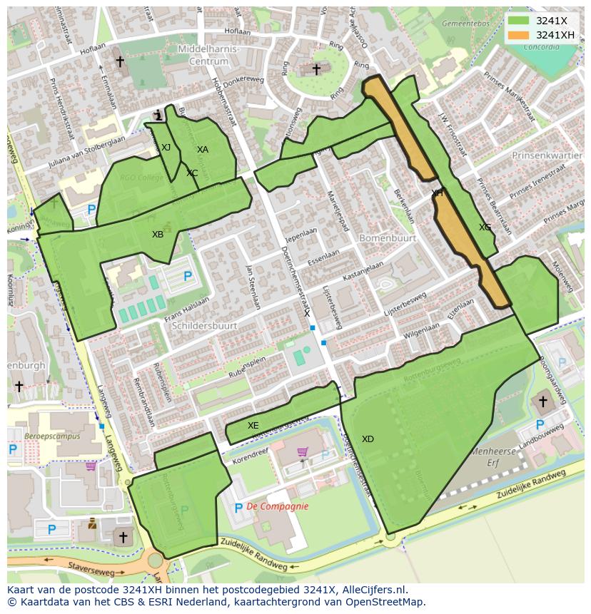Afbeelding van het postcodegebied 3241 XH op de kaart.