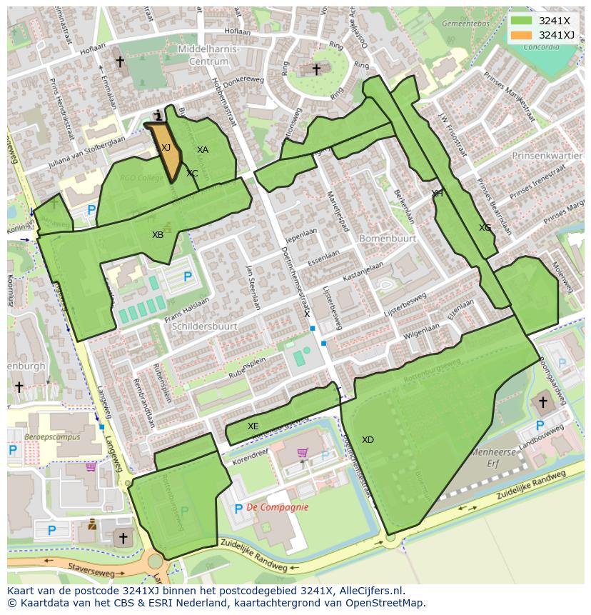 Afbeelding van het postcodegebied 3241 XJ op de kaart.