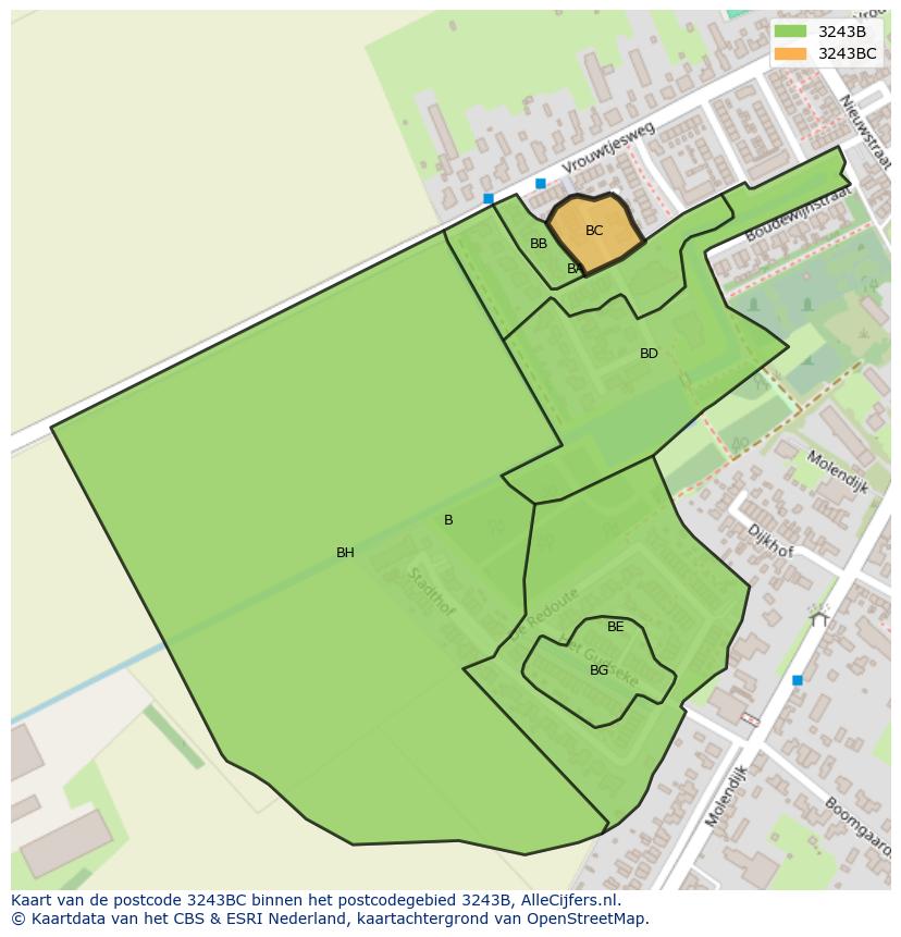 Afbeelding van het postcodegebied 3243 BC op de kaart.