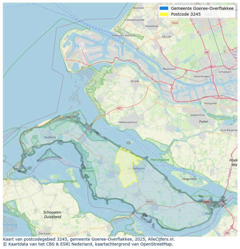 Afbeelding van het postcodegebied 3245 op de kaart.