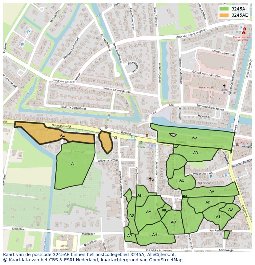 Afbeelding van het postcodegebied 3245 AE op de kaart.