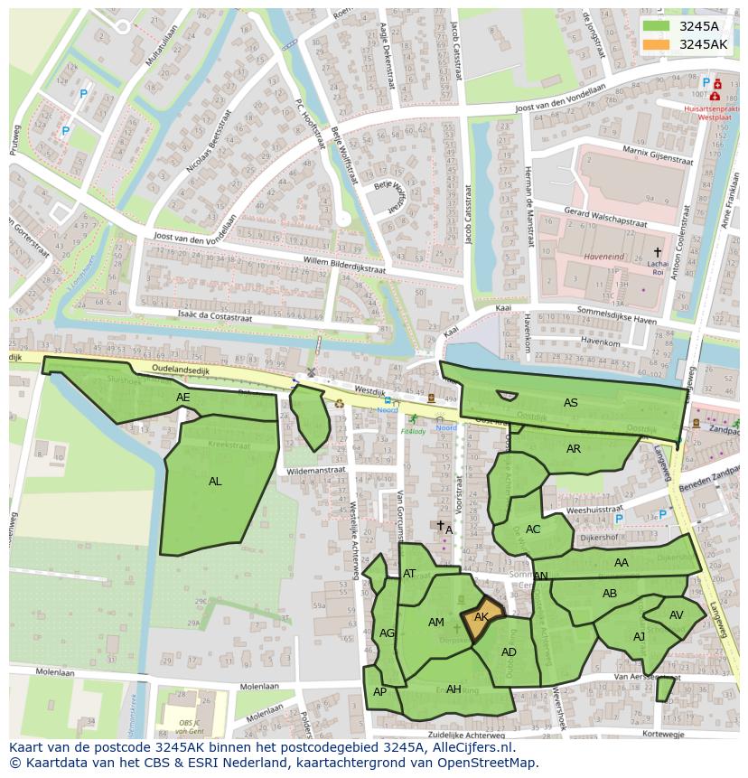 Afbeelding van het postcodegebied 3245 AK op de kaart.