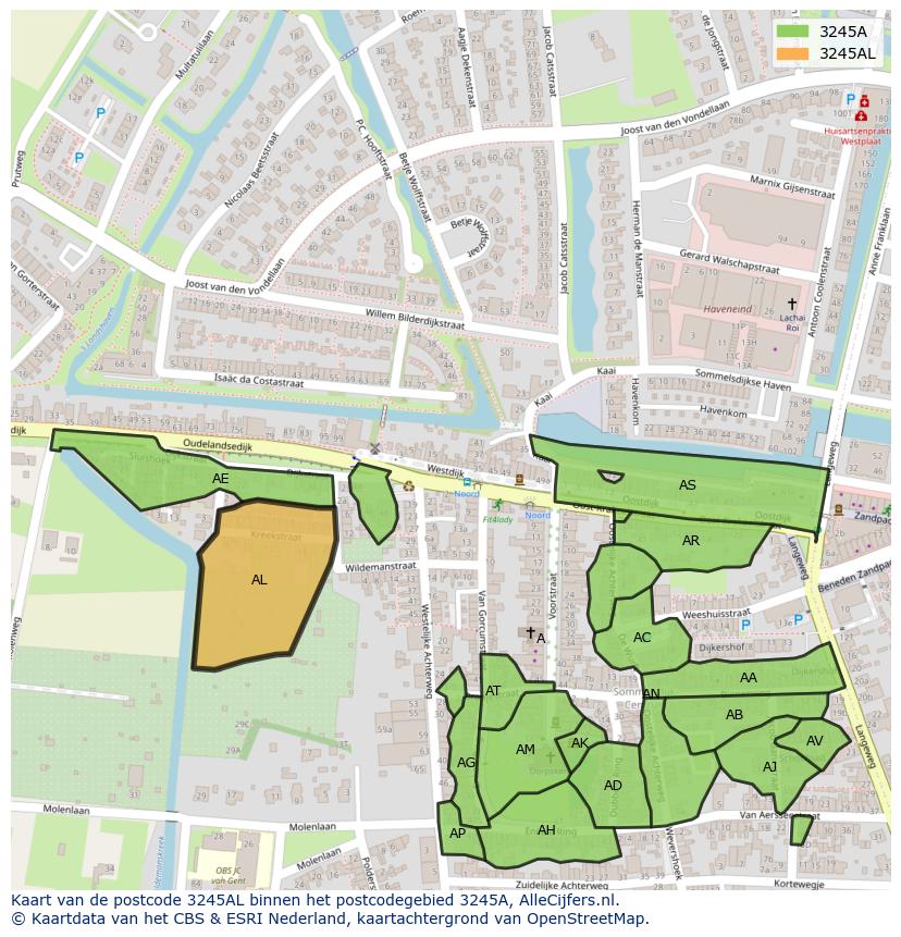 Afbeelding van het postcodegebied 3245 AL op de kaart.