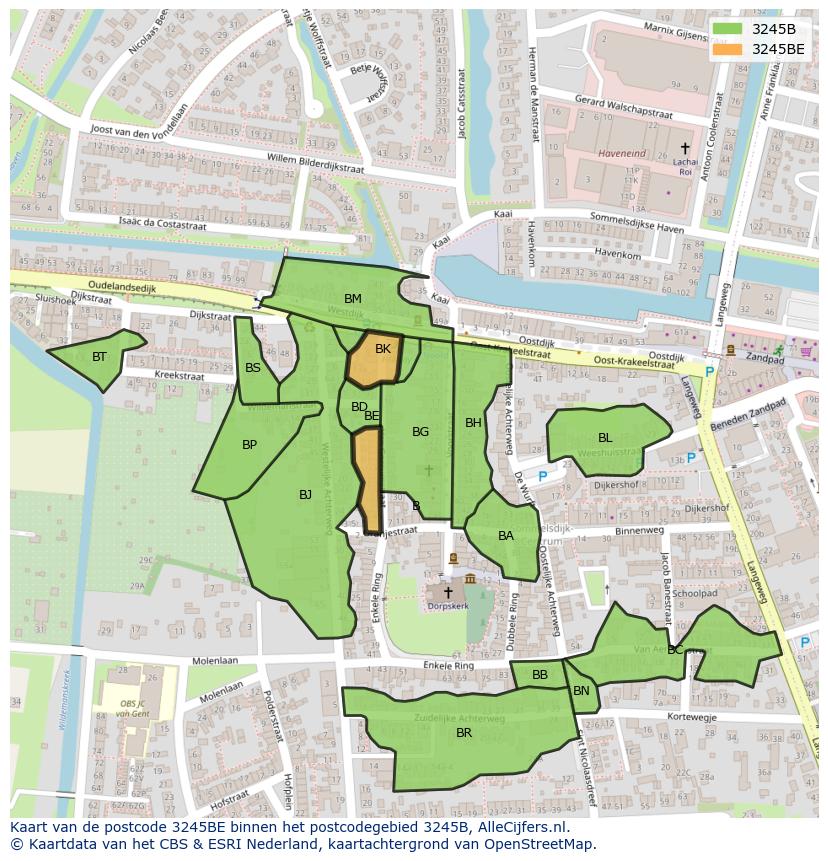 Afbeelding van het postcodegebied 3245 BE op de kaart.
