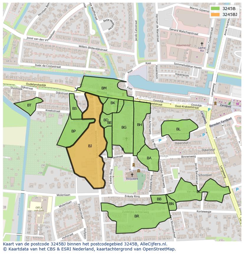 Afbeelding van het postcodegebied 3245 BJ op de kaart.