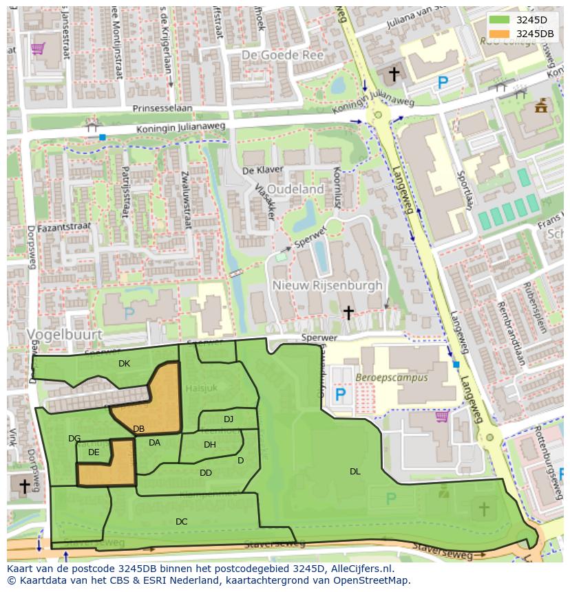Afbeelding van het postcodegebied 3245 DB op de kaart.