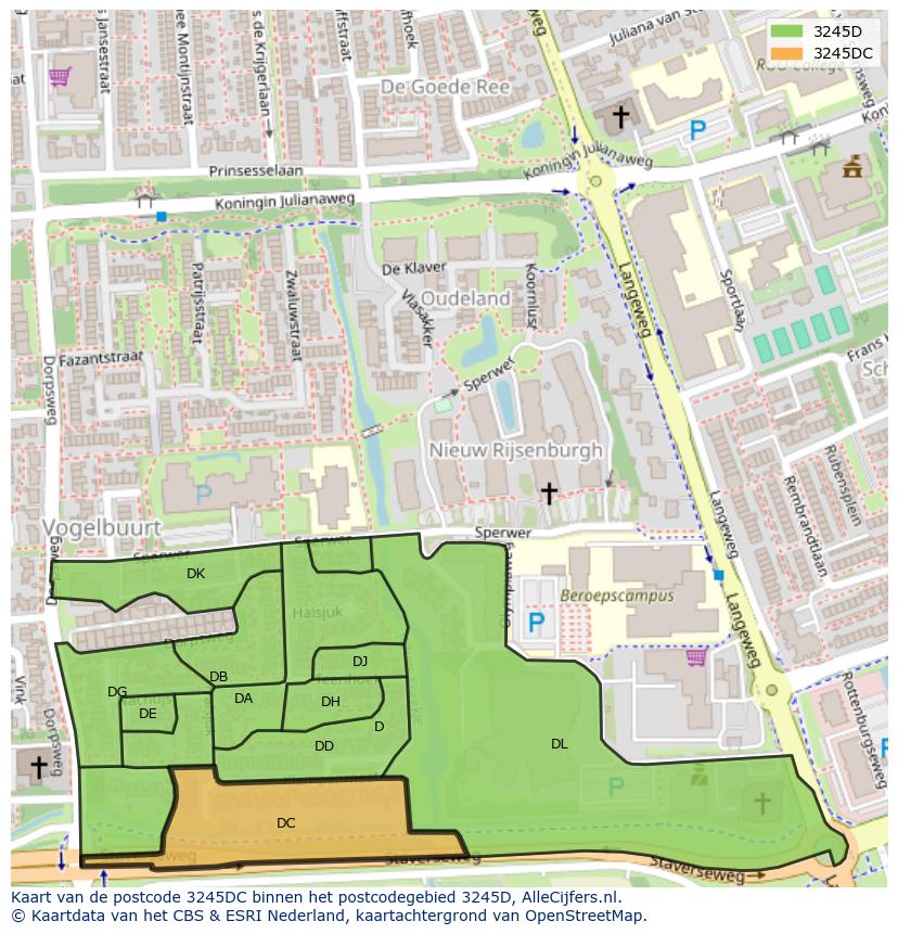 Afbeelding van het postcodegebied 3245 DC op de kaart.