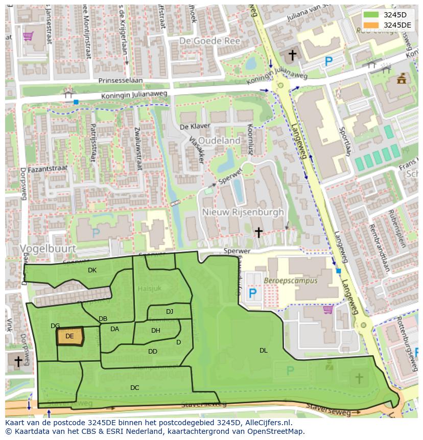 Afbeelding van het postcodegebied 3245 DE op de kaart.