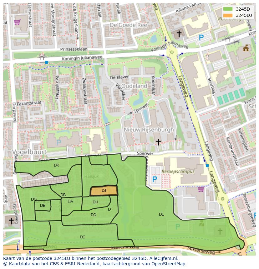 Afbeelding van het postcodegebied 3245 DJ op de kaart.
