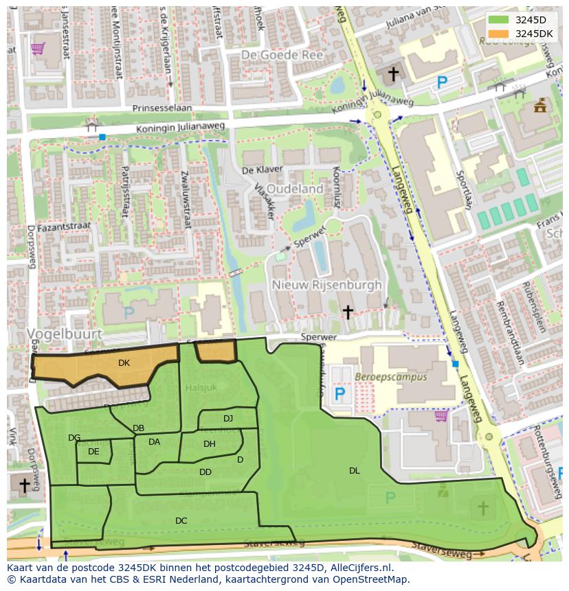 Afbeelding van het postcodegebied 3245 DK op de kaart.