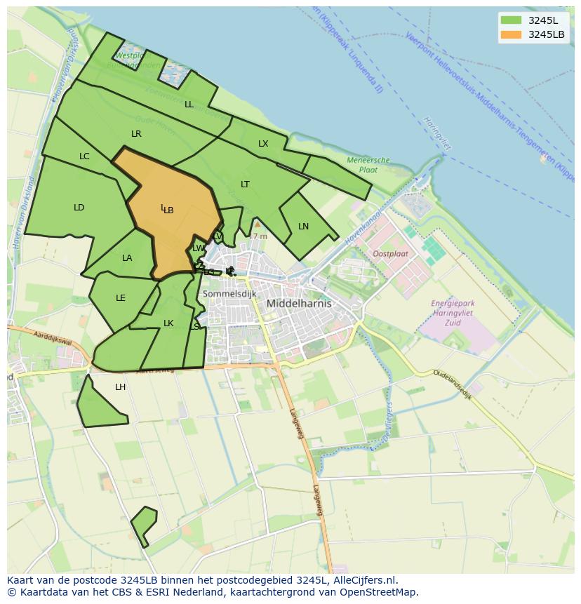 Afbeelding van het postcodegebied 3245 LB op de kaart.