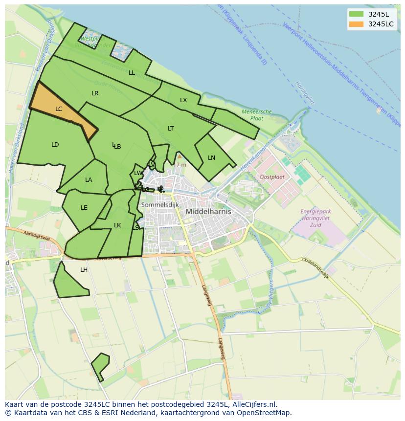 Afbeelding van het postcodegebied 3245 LC op de kaart.