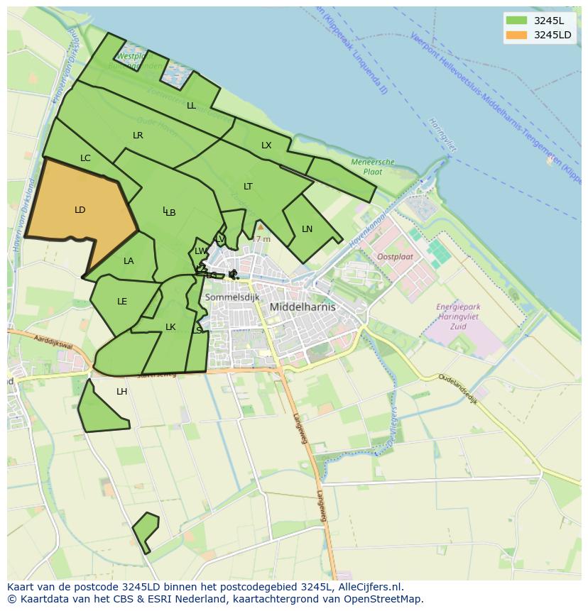 Afbeelding van het postcodegebied 3245 LD op de kaart.