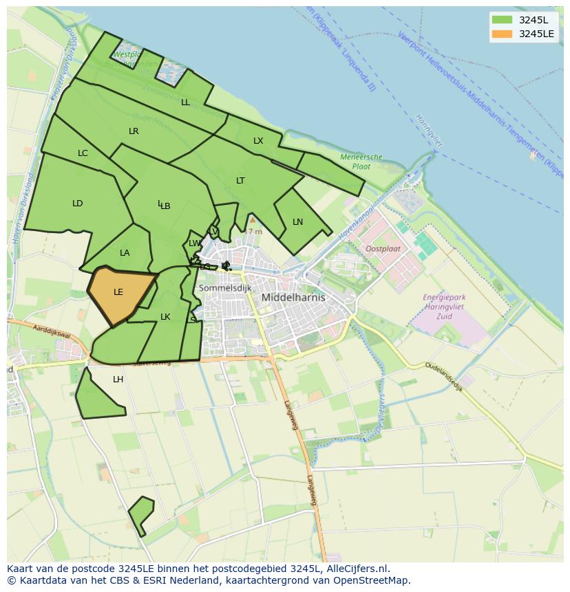 Afbeelding van het postcodegebied 3245 LE op de kaart.