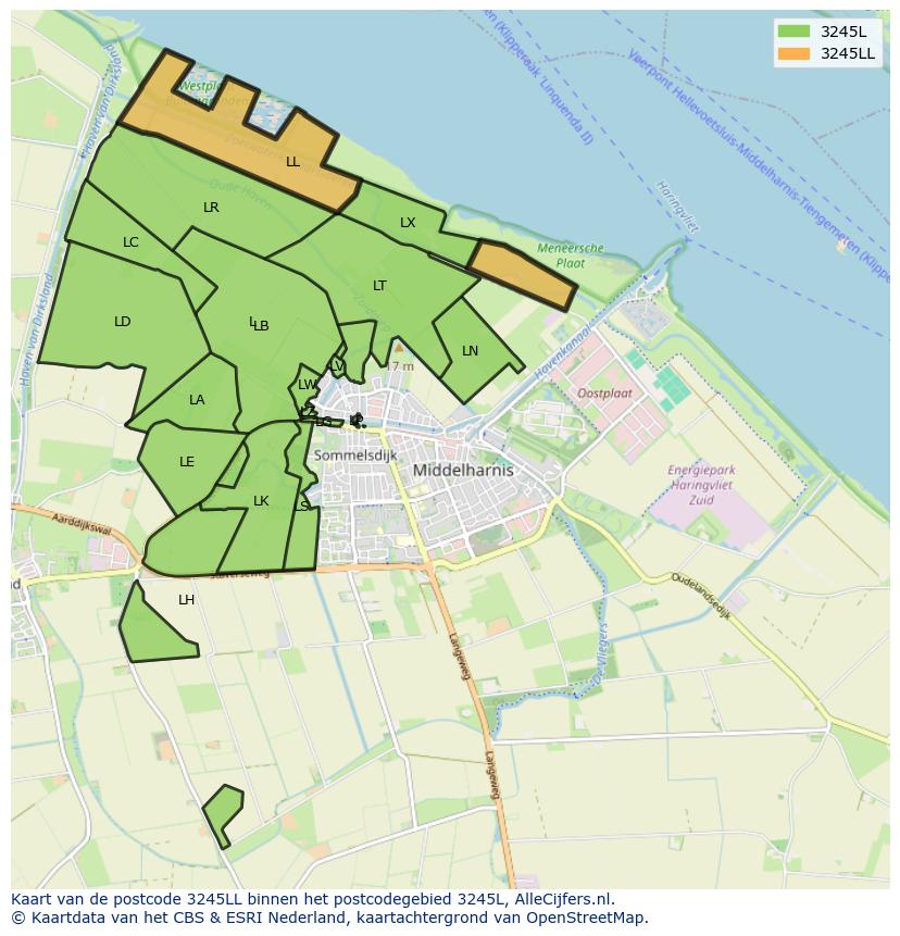 Afbeelding van het postcodegebied 3245 LL op de kaart.