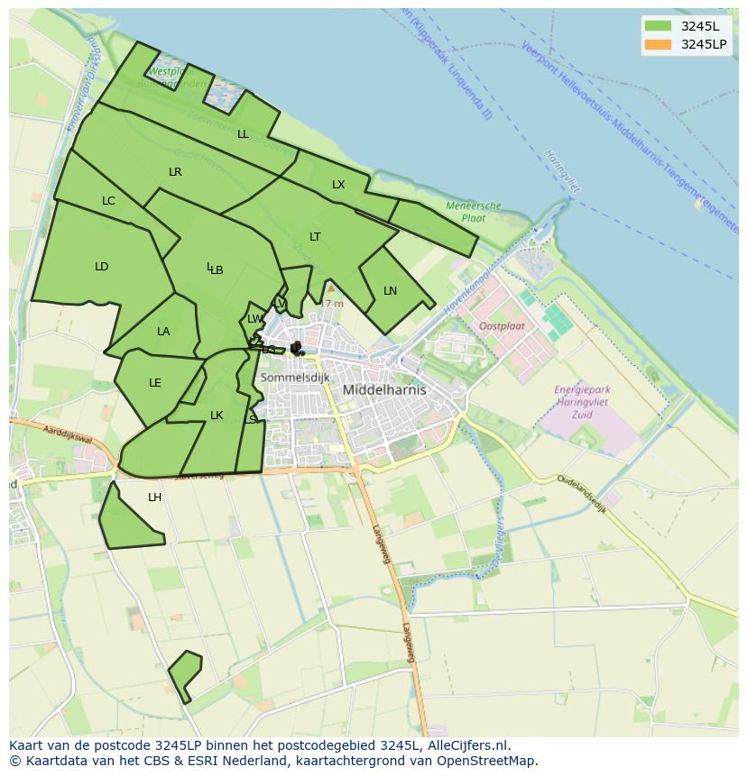 Afbeelding van het postcodegebied 3245 LP op de kaart.