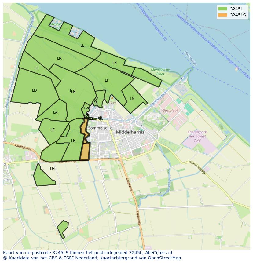 Afbeelding van het postcodegebied 3245 LS op de kaart.