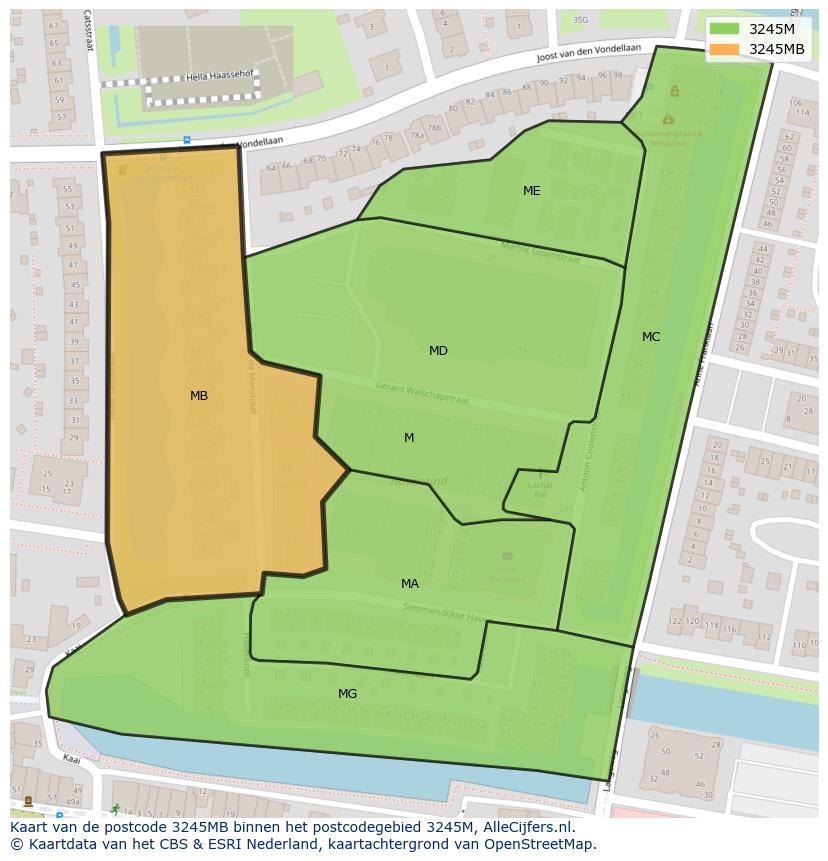 Afbeelding van het postcodegebied 3245 MB op de kaart.