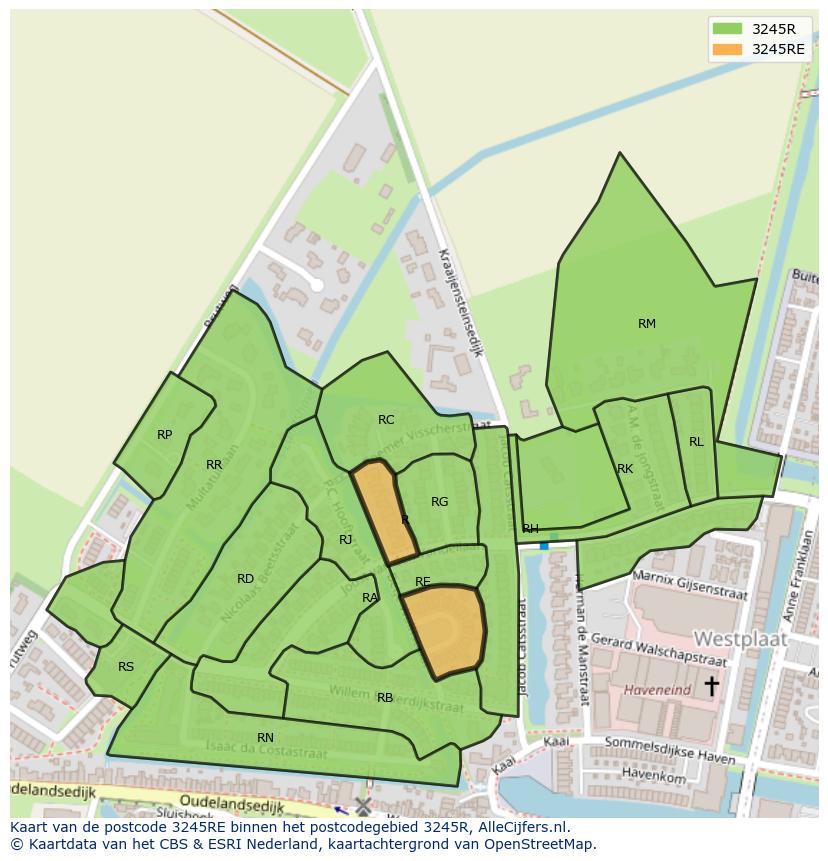 Afbeelding van het postcodegebied 3245 RE op de kaart.