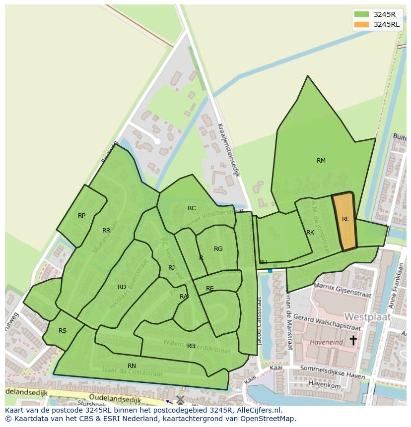 Afbeelding van het postcodegebied 3245 RL op de kaart.