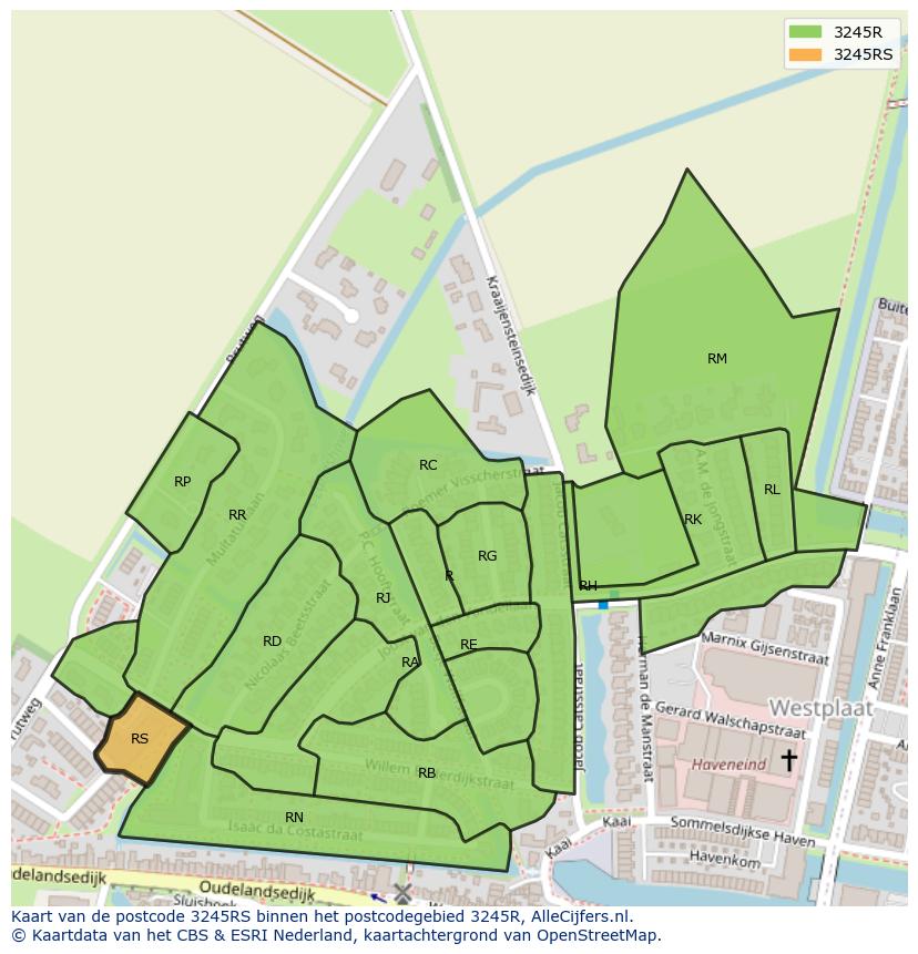 Afbeelding van het postcodegebied 3245 RS op de kaart.