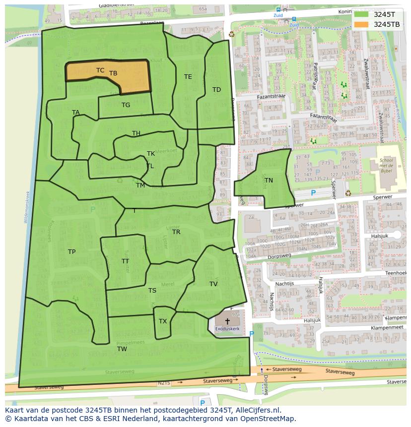 Afbeelding van het postcodegebied 3245 TB op de kaart.