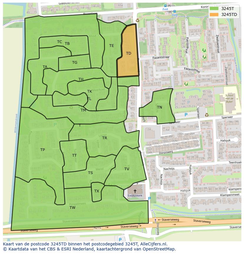 Afbeelding van het postcodegebied 3245 TD op de kaart.