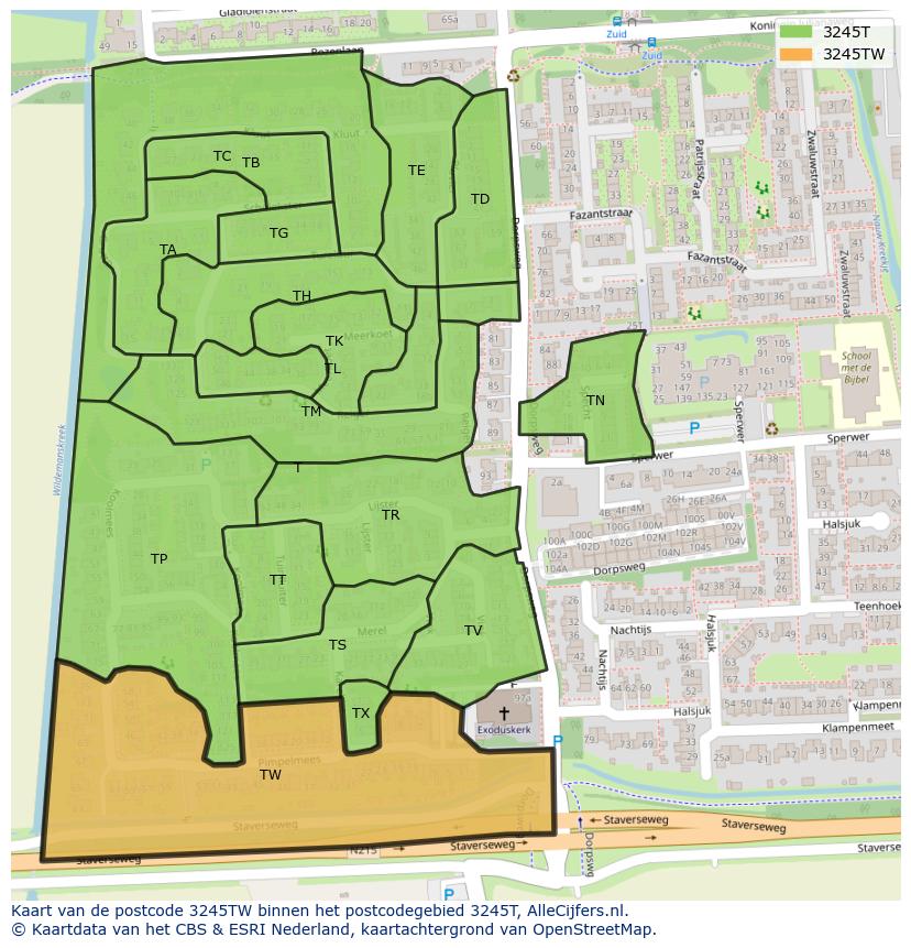 Afbeelding van het postcodegebied 3245 TW op de kaart.