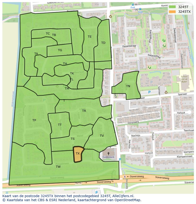 Afbeelding van het postcodegebied 3245 TX op de kaart.