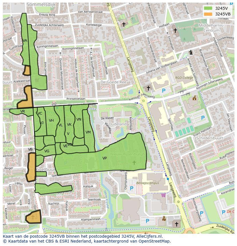 Afbeelding van het postcodegebied 3245 VB op de kaart.