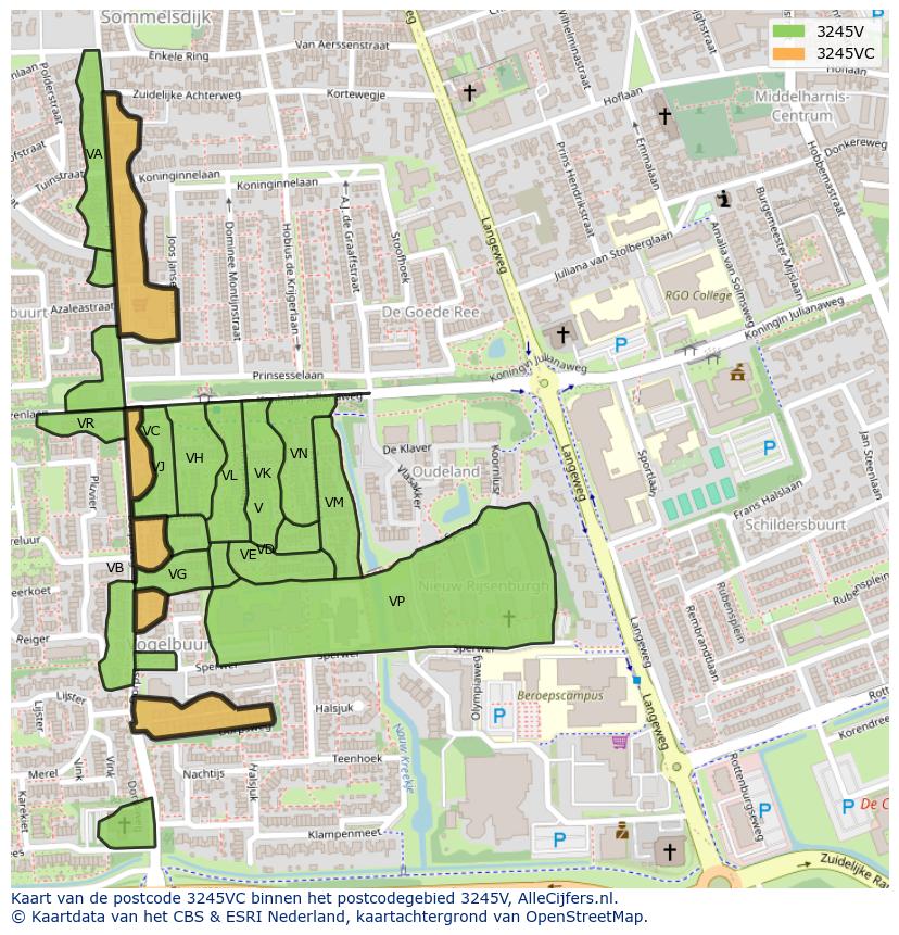 Afbeelding van het postcodegebied 3245 VC op de kaart.