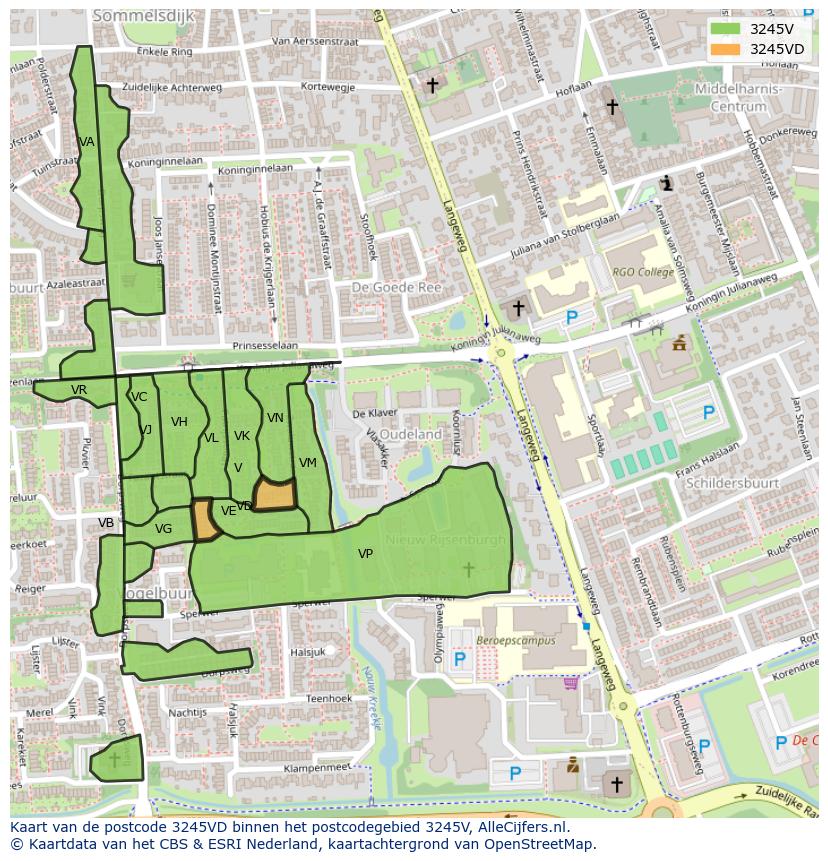 Afbeelding van het postcodegebied 3245 VD op de kaart.