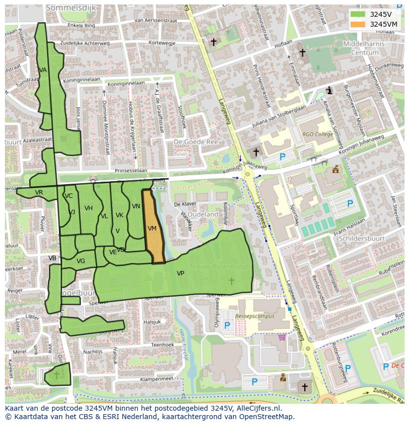 Afbeelding van het postcodegebied 3245 VM op de kaart.