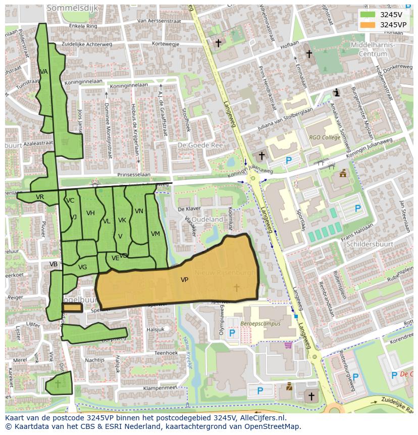 Afbeelding van het postcodegebied 3245 VP op de kaart.