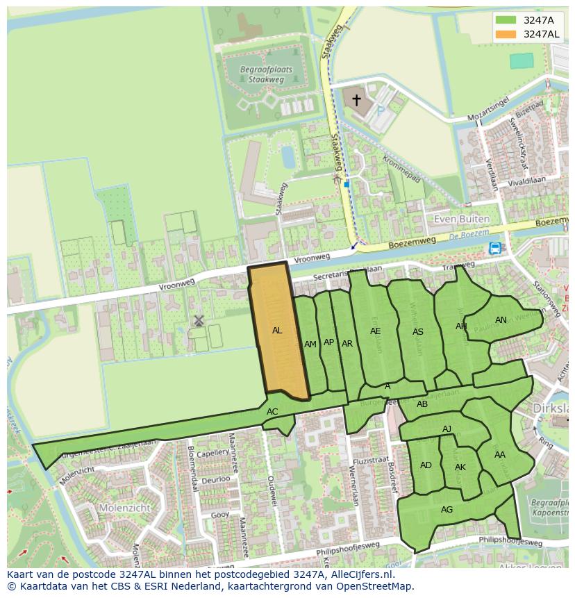 Afbeelding van het postcodegebied 3247 AL op de kaart.
