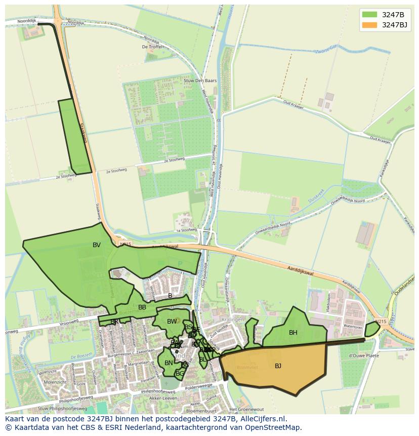 Afbeelding van het postcodegebied 3247 BJ op de kaart.