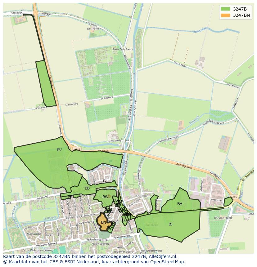 Afbeelding van het postcodegebied 3247 BN op de kaart.