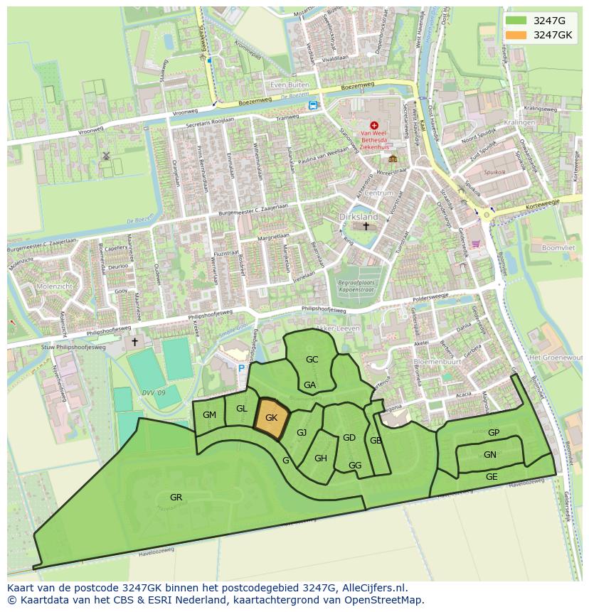 Afbeelding van het postcodegebied 3247 GK op de kaart.